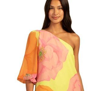 Trina Turk Admirable One Shoulder Dress in Citron lime, Pink, and Orange